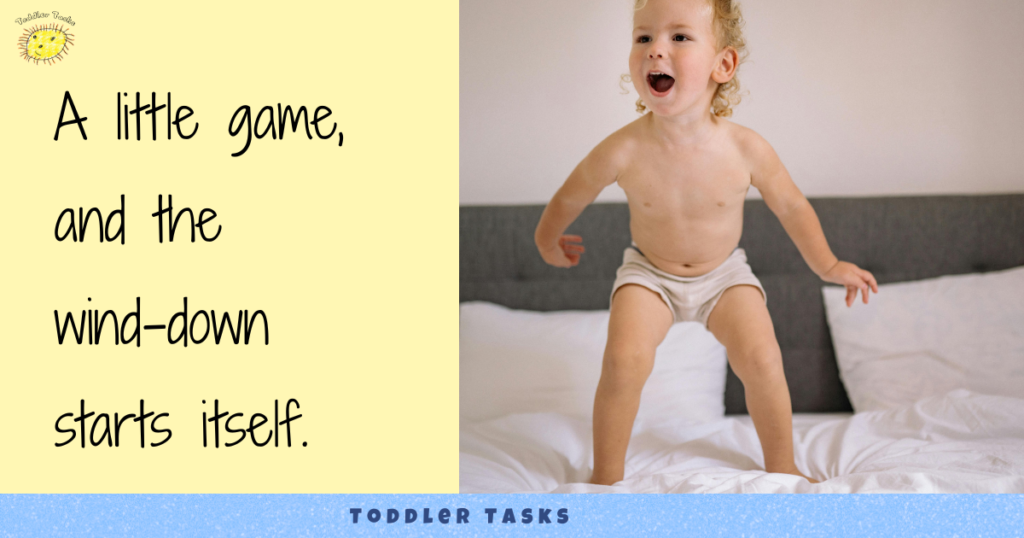 Toddler jumping on a bed, with the text ‘A little game, and the wind-down starts itself’