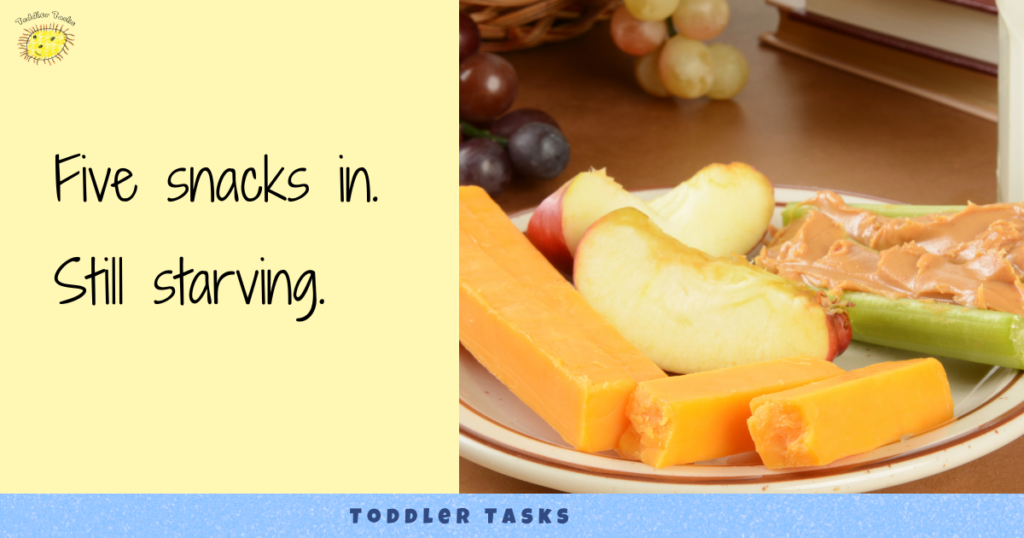 Plate of easy after school snacks, with the text ‘Five snacks in. Still starving.
