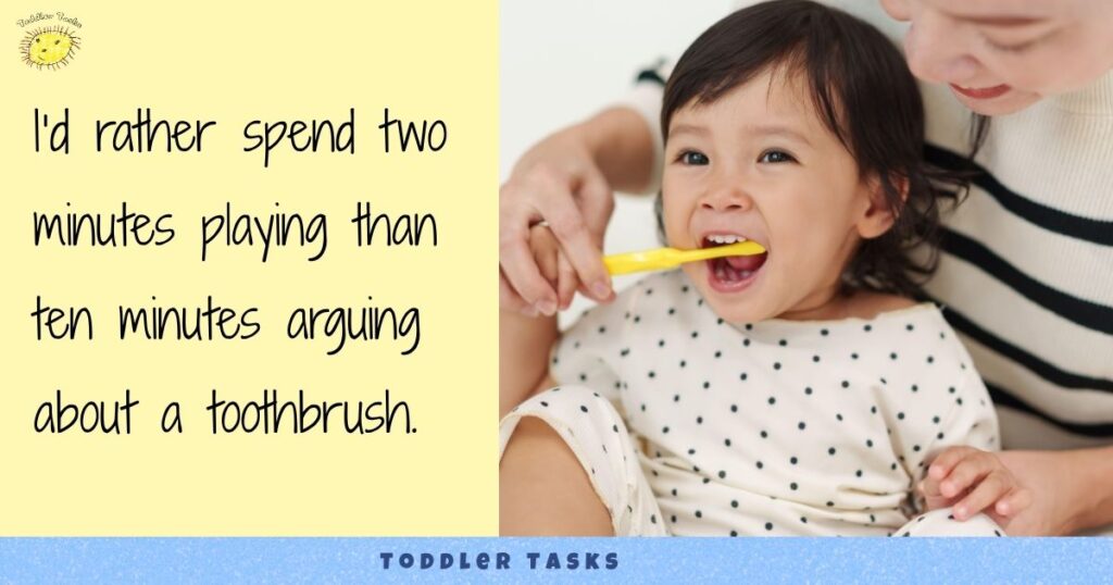 Toddler enjoying having their teeth brushed with smiling mum